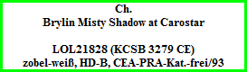 Ch.  Brylin Misty Shadow at Carostar    LOL21828 (KCSB 3279 CE)  zobel-weiß, HD-B, CEA-PRA-Kat.-frei/93