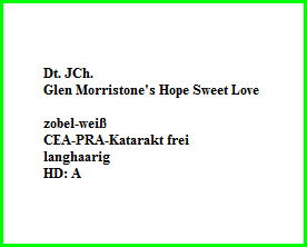 Dt. JCh.  Glen Morristone's Hope Sweet Love     zobel-weiß  CEA-PRA-Katarakt frei  langhaarig  HD: A