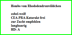 Hombo vom Rhododendronwäldchen    zobel-weiß  CEA-PRA-Katarakt frei  zur Zucht empfohlen  langhaarig  HD: A